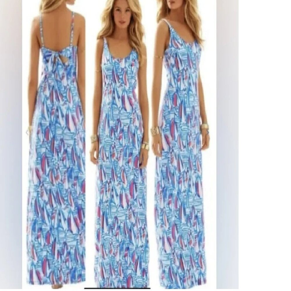 NWT Lilly Pulitzer Palm Maxi Dress Red Right Return Sail Boat Print Medium HTF